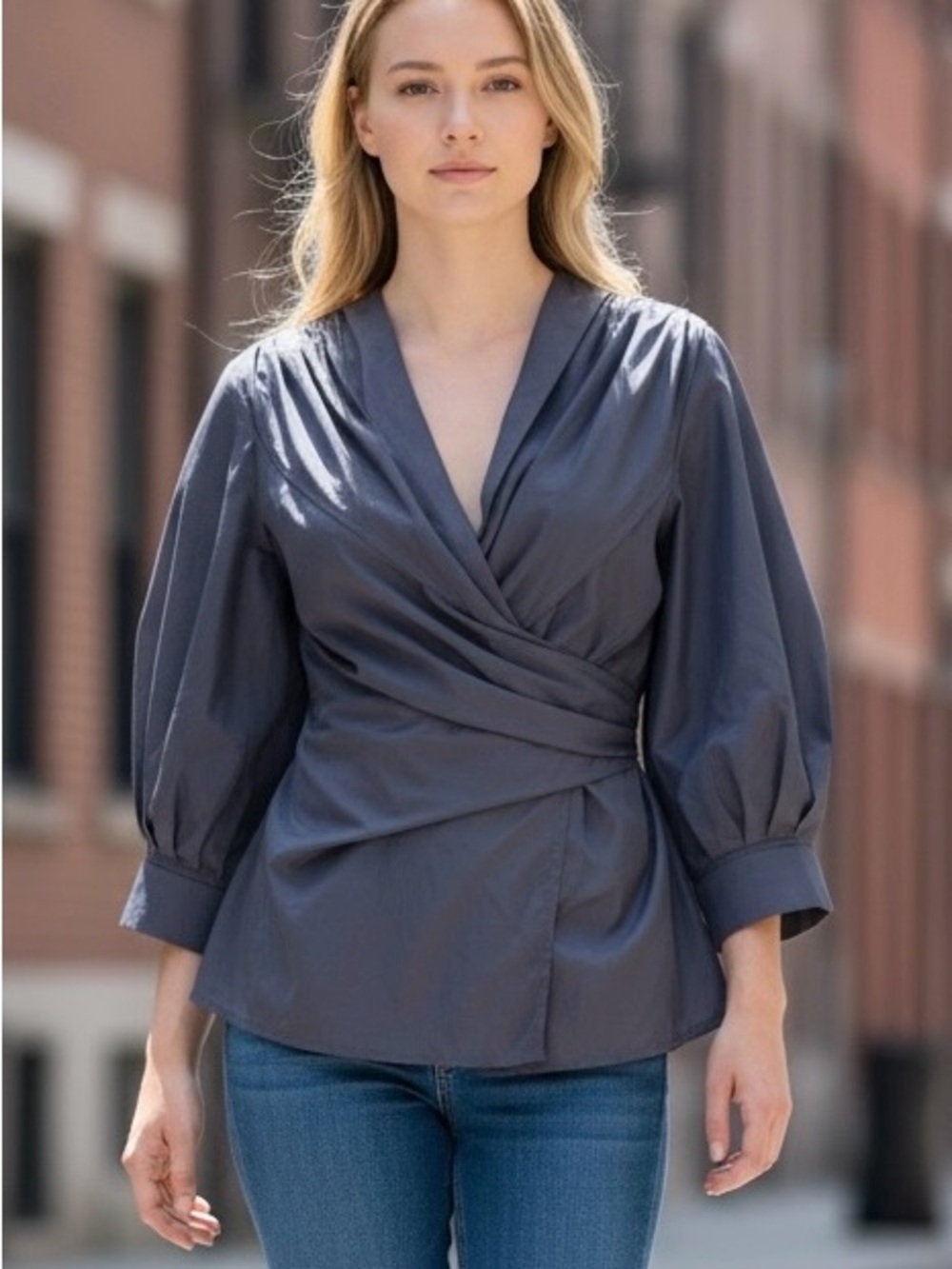Wrap-Front Puff Sleeve Blouse in Charcoal